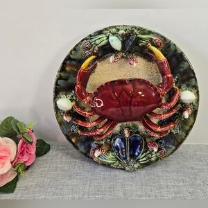 3D Palissy Style Majolica Crab Motif Plate Portugal 1950s Alvaro Jose 12.5"